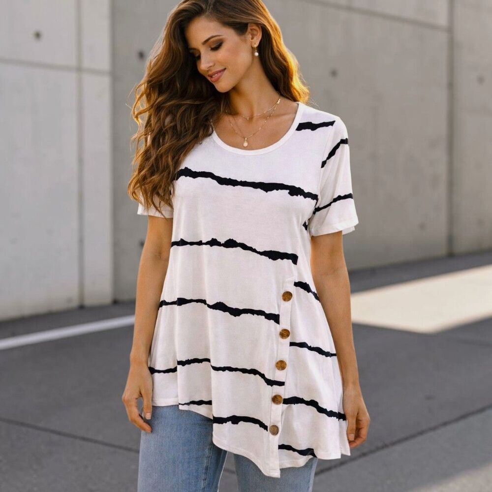 Assymetrical XL White Black Striped Flowy Soft Tunic Button Detail Casual Top